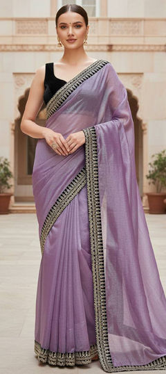 Purple and Violet color Saree in Net fabric with Border, Embroidered work