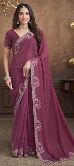 Pink and Majenta color Saree in Silk fabric with Embroidered, Stone work