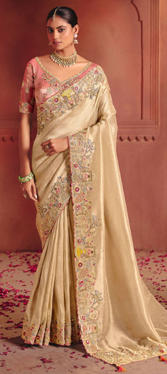 Beige and Brown color Saree in Silk fabric with Embroidered, Lace, Resham, Sequence, Thread, Weaving, Zari work