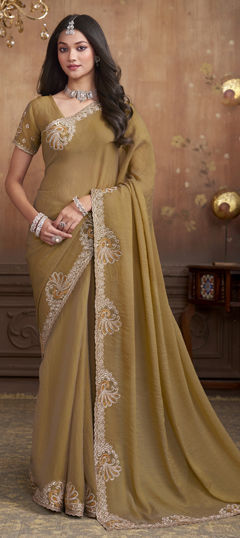 Beige and Brown color Saree in Silk fabric with Embroidered, Stone work