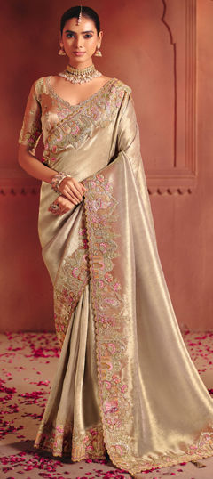 White and Off White color Saree in Silk fabric with Embroidered, Lace, Resham, Sequence, Thread, Weaving, Zari work