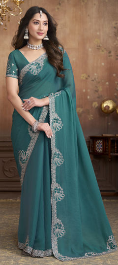 Green color Saree in Silk fabric with Embroidered, Stone work