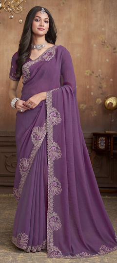 Purple and Violet color Saree in Silk fabric with Embroidered, Stone work