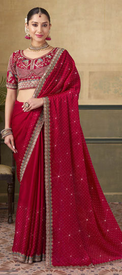 Red and Maroon color Saree in Silk fabric with Embroidered, Resham, Stone, Thread, Zari work