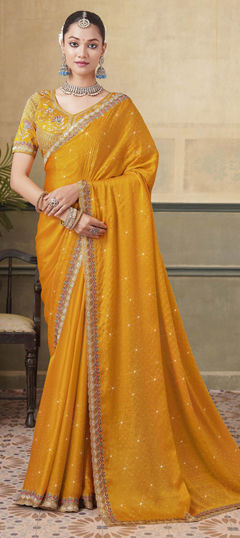 Yellow color Saree in Silk fabric with Embroidered, Resham, Stone, Thread, Zari work