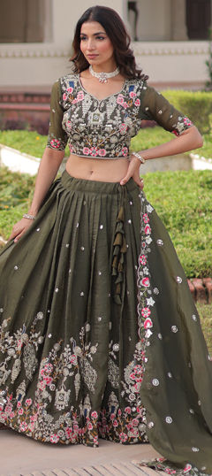 Green color Lehenga in Crushed Silk fabric with Embroidered, Resham, Sequence, Thread work
