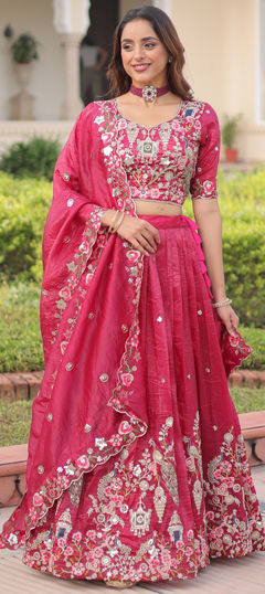 Pink and Majenta color Lehenga in Crushed Silk fabric with Embroidered, Resham, Sequence, Thread work