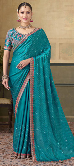 Blue color Saree in Silk fabric with Embroidered, Resham, Stone, Thread, Zari work