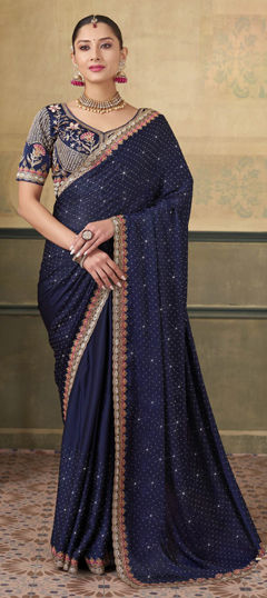 Blue color Saree in Silk fabric with Embroidered, Resham, Stone, Thread, Zari work
