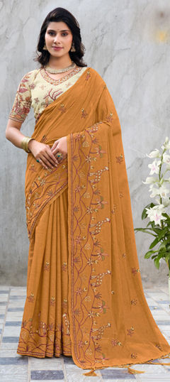 Beige and Brown color Saree in Silk fabric with Embroidered, Resham, Thread work