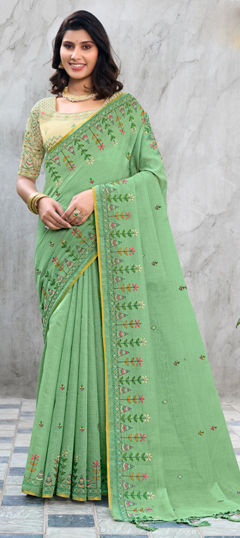 Green color Saree in Silk fabric with Embroidered, Resham, Thread work