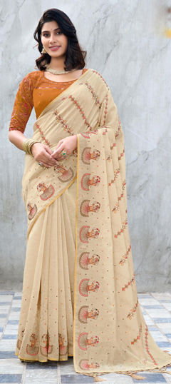 White and Off White color Saree in Silk fabric with Embroidered, Resham, Thread work