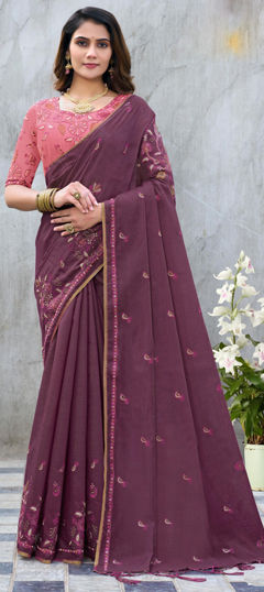 Purple and Violet color Saree in Silk fabric with Embroidered, Resham, Thread work