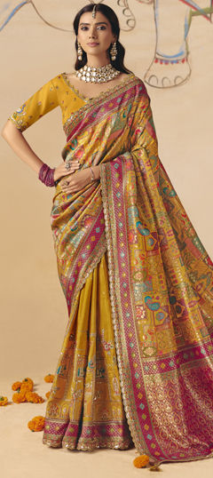 Yellow color Saree in Silk fabric with Sequence, Stone, Thread, Weaving work