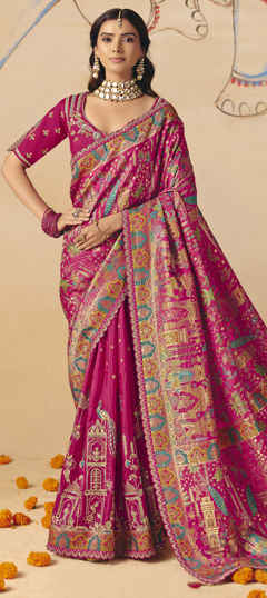 Pink and Majenta color Saree in Silk fabric with Sequence, Stone, Thread, Weaving work