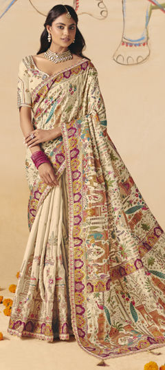 White and Off White color Saree in Silk fabric with Sequence, Stone, Thread, Weaving work