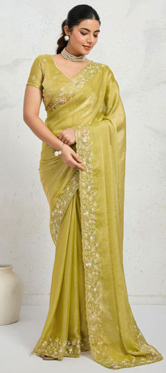Yellow color Saree in Chiffon, Velvet fabric with Border, Embroidered, Sequence, Thread, Zari work