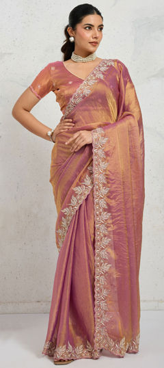 Pink and Majenta color Saree in Chiffon, Velvet fabric with Border, Embroidered, Sequence, Thread, Zari work