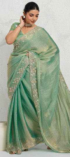 Green color Saree in Chiffon, Velvet fabric with Border, Embroidered, Sequence, Thread, Zari work