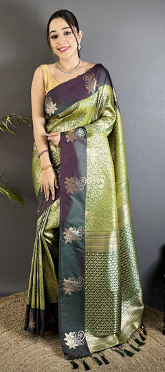 Green color Saree in Blended, Silk fabric with Weaving, Zari work