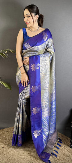 Black and Grey color Saree in Blended, Silk fabric with Weaving, Zari work