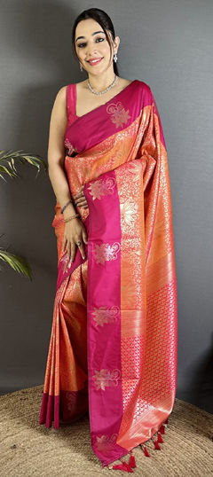 Orange color Saree in Blended, Silk fabric with Weaving, Zari work