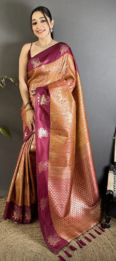 Purple and Violet color Saree in Blended, Silk fabric with Weaving, Zari work