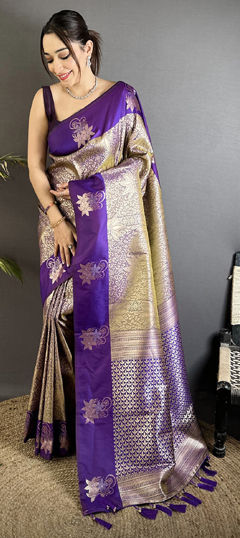 Purple and Violet color Saree in Blended, Silk fabric with Weaving, Zari work