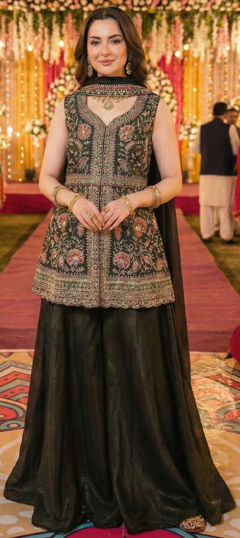 Black and Grey color Salwar Kameez in Georgette fabric with Embroidered, Zari work