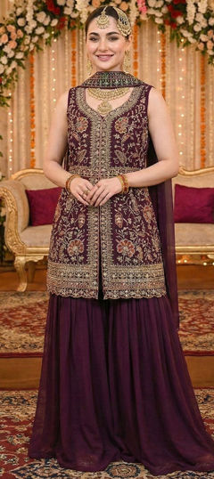 Purple and Violet color Salwar Kameez in Georgette fabric with Embroidered, Zari work