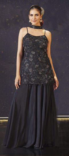 Black and Grey color Salwar Kameez in Georgette fabric with Bugle Beads, Sequence work