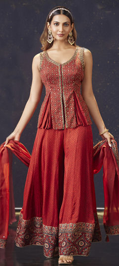 Red and Maroon color Salwar Kameez in Silk fabric with Bugle Beads, Printed, Thread, Zari work
