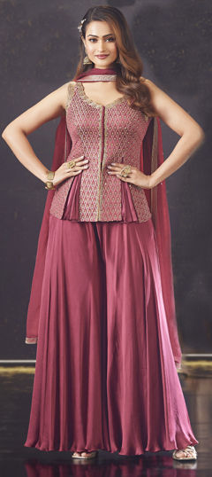 Beige and Brown color Salwar Kameez in Silk fabric with Bugle Beads, Printed, Thread, Zari work