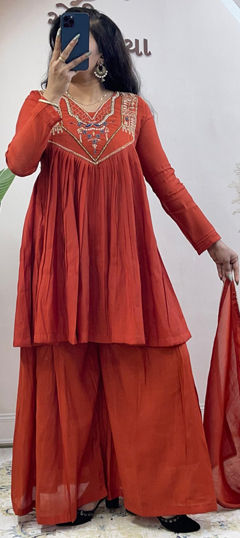 Orange color Salwar Kameez in Mul Chanderi fabric with Cut Dana, Thread work