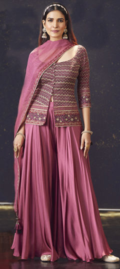 Pink and Majenta color Salwar Kameez in Silk fabric with Bugle Beads, Printed, Thread, Zari work