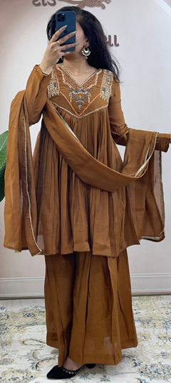 Beige and Brown color Salwar Kameez in Mul Chanderi fabric with Cut Dana, Thread work