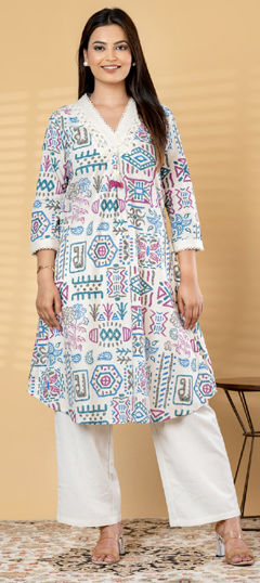 Blue, White and Off White color Salwar Kameez in Cotton Flex fabric with Lace, Printed work