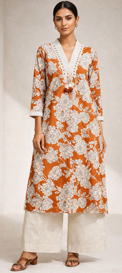 Beige and Brown, White and Off White color Salwar Kameez in Cotton Flex fabric with Floral, Lace, Mirror, Printed work