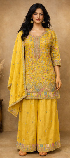 Yellow color Salwar Kameez in Chinon Silk fabric with Embroidered, Sequence, Thread, Zari work
