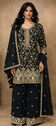 Black and Grey color Salwar Kameez in Chinon Silk fabric with Embroidered, Sequence, Thread, Zari work