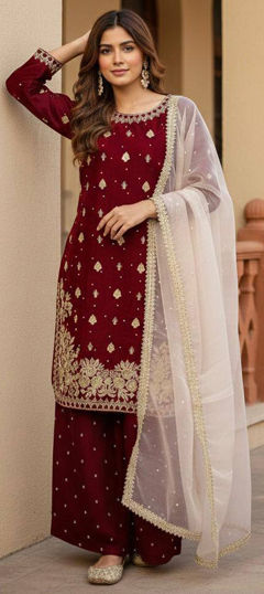 Red and Maroon color Salwar Kameez in Silk fabric with Embroidered, Sequence work