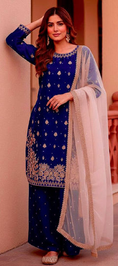 Blue color Salwar Kameez in Silk fabric with Embroidered, Sequence work
