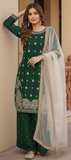Green color Salwar Kameez in Silk fabric with Embroidered, Sequence work