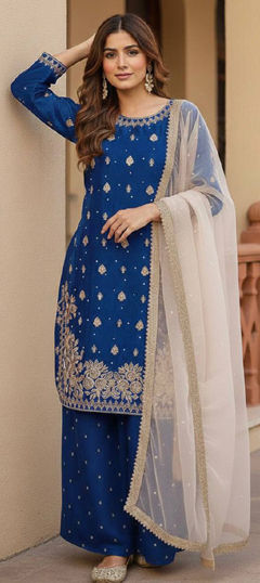 Blue color Salwar Kameez in Silk fabric with Embroidered, Sequence work