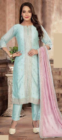 Blue color Salwar Kameez in Silk fabric with Embroidered, Sequence, Thread work