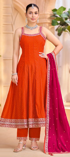 Orange color Salwar Kameez in Silk fabric with Embroidered, Sequence, Thread work