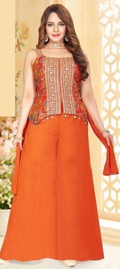 Orange color Salwar Kameez in Georgette fabric with Embroidered, Printed, Thread, Zari work