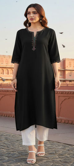 Black and Grey color Salwar Kameez in Rayon fabric with Embroidered work