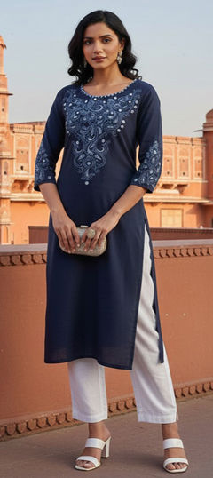 Blue color Salwar Kameez in Rayon fabric with Embroidered work
