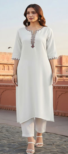 White and Off White color Salwar Kameez in Rayon fabric with Embroidered work